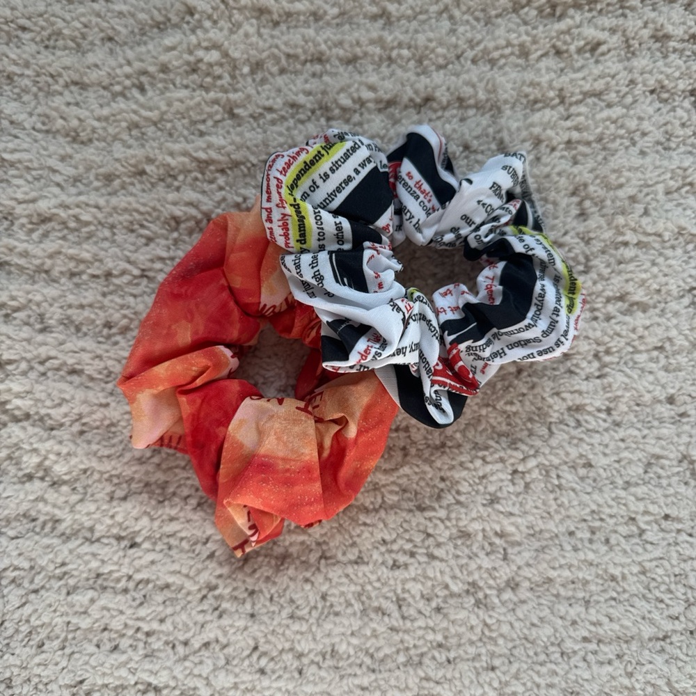 Vibrant Orange and Black Text Print Scrunchie Set